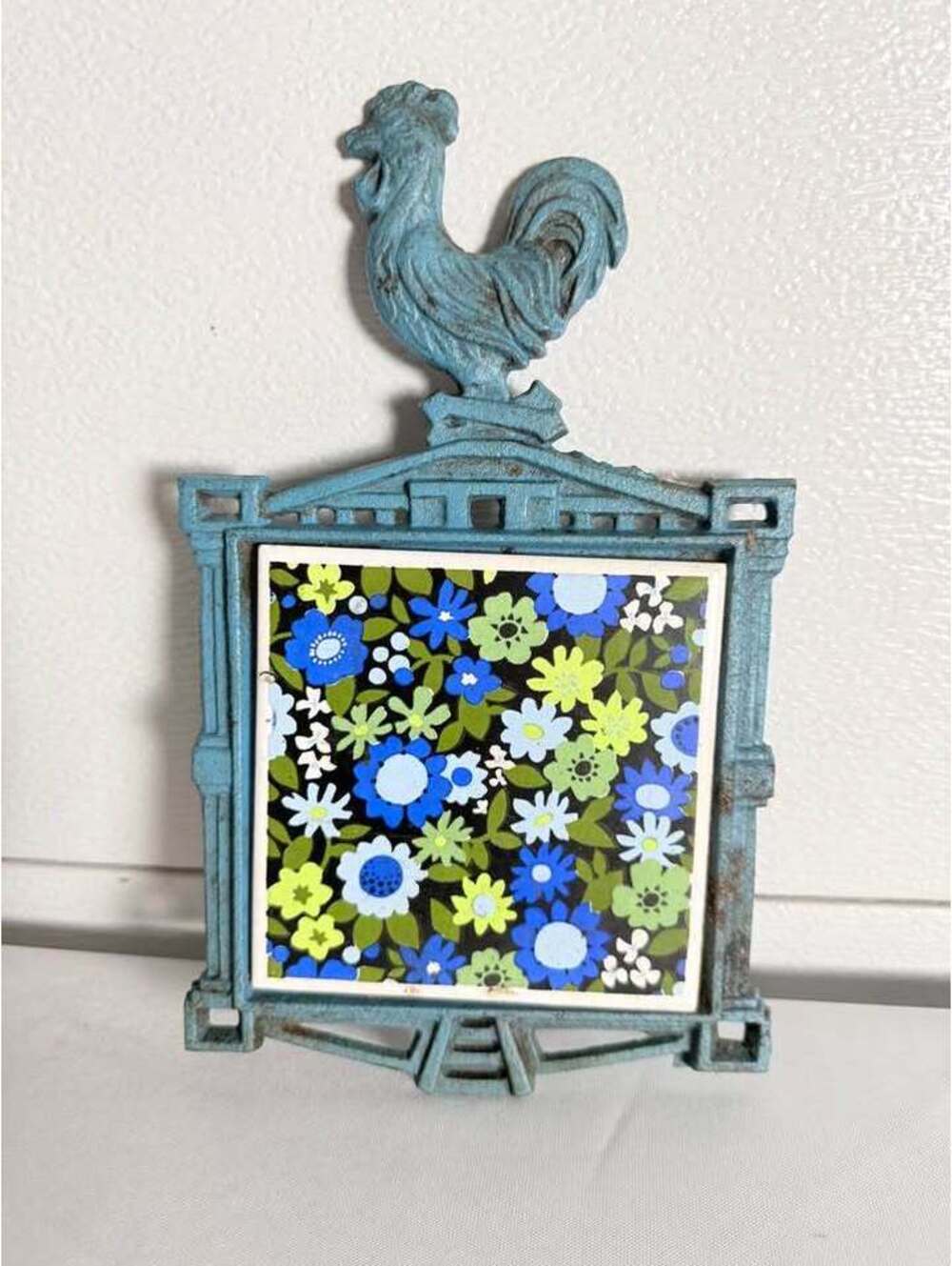 Vintage ESD Japan Cast Iron Rooster Trivet with Floral Ceramic Tile